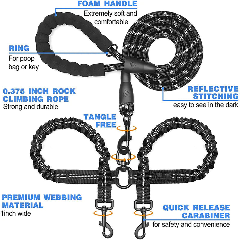 Double Dog Leash Coupler for Walking Two Dogs